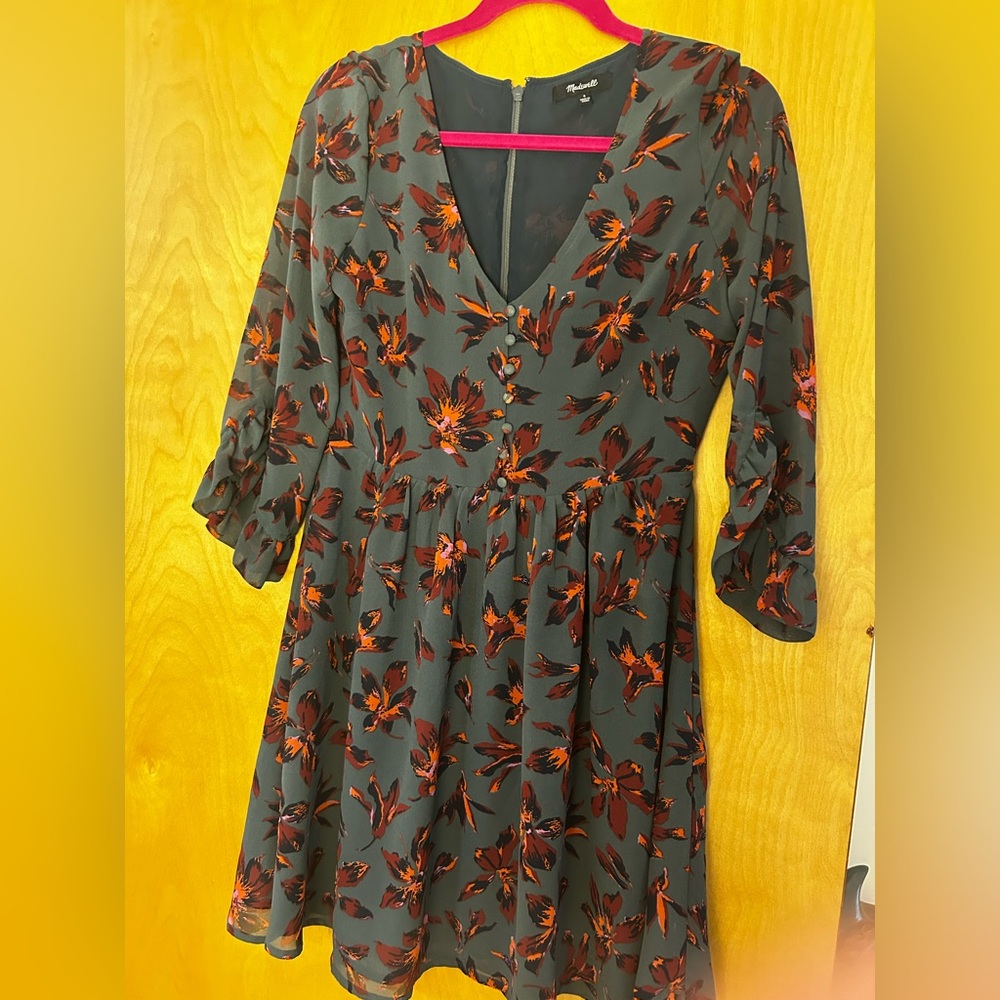 Madewell Floral V-Neck Dress in Green and Orange